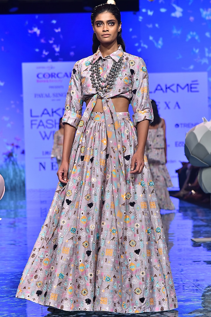 Lavender Printed & Embroidered Blouse With Lehenga by Payal Singhal
