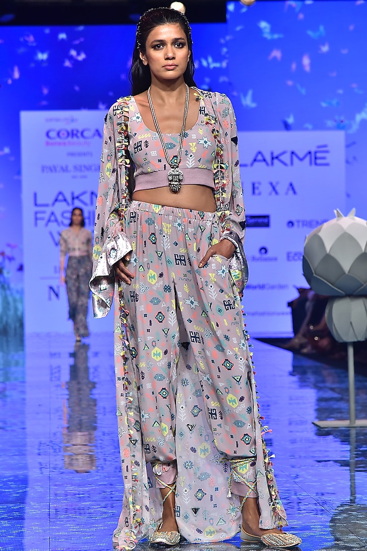 Lavender Printed Embroidered Jacket With Bustier & Pants by Payal Singhal at Pernia's Pop Up Shop