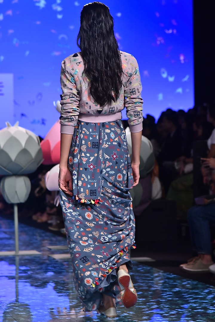 Blue Georgette Bandhani Printed Jacket Wedding Saree Set by Payal Singhal at Pernia's Pop Up Shop