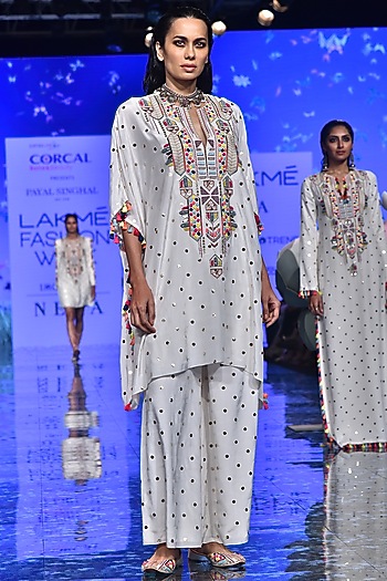 Off White Embroidered Kaftan With Palazzo Pants by Payal Singhal at Pernia's Pop Up Shop