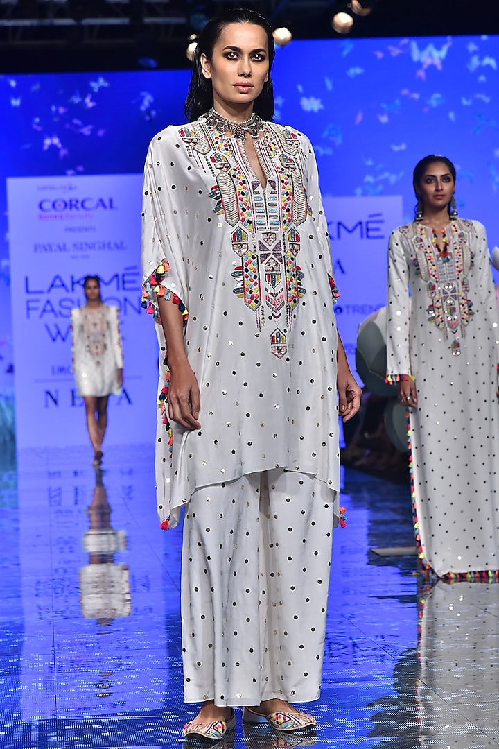 Off White Embroidered Kaftan With Palazzo Pants Design by Payal Singhal ...