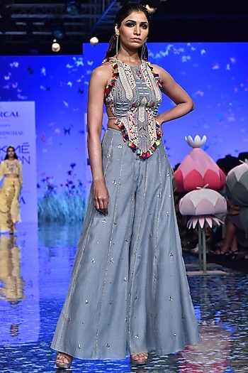 Pale Blue Embroidered Blouse With Mukaish Wedding Sharara Pants by Payal Singhal at Pernia's Pop Up Shop
