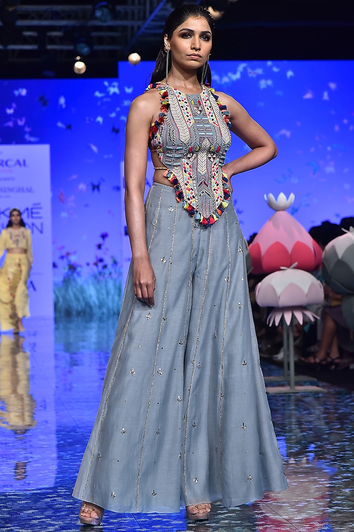 Pale Blue Embroidered Blouse With Mukaish Sharara Pants by Payal Singhal