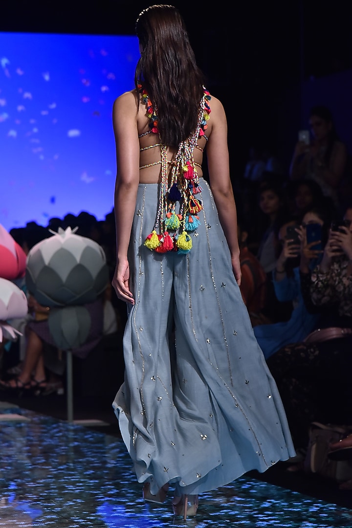 Pale Blue Embroidered Blouse With Mukaish Wedding Sharara Pants by Payal Singhal at Pernia's Pop Up Shop