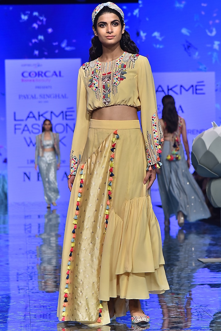 Pale Yellow Embroidered Top With Skirt by Payal Singhal