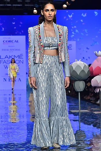 Pale Blue Embroidered Jacket With Bustier & Wedding Sharara Pants by Payal Singhal at Pernia's Pop Up Shop