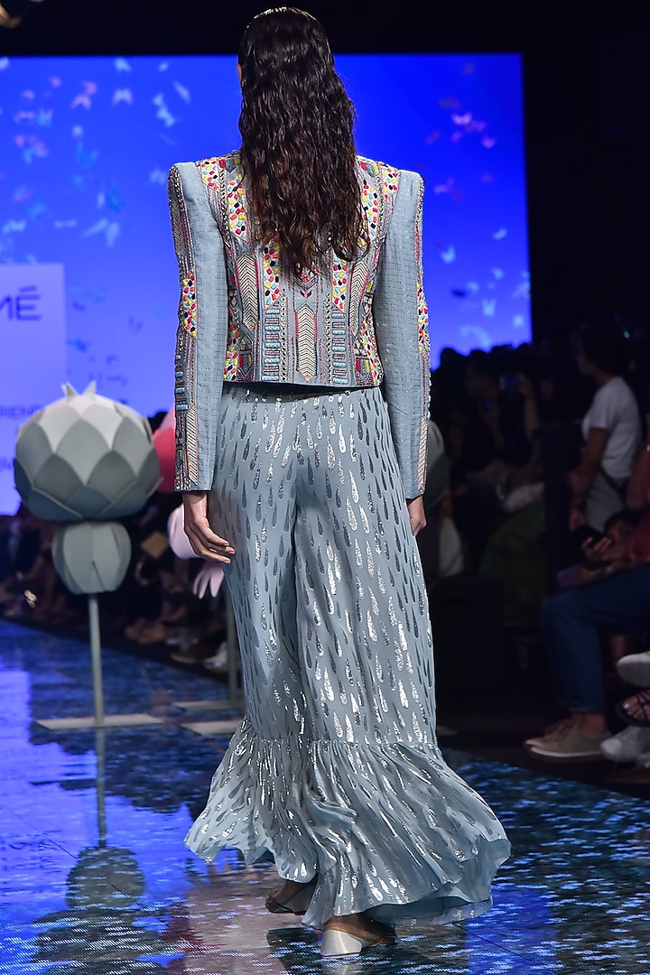 Pale Blue Embroidered Jacket With Bustier & Wedding Sharara Pants by Payal Singhal at Pernia's Pop Up Shop