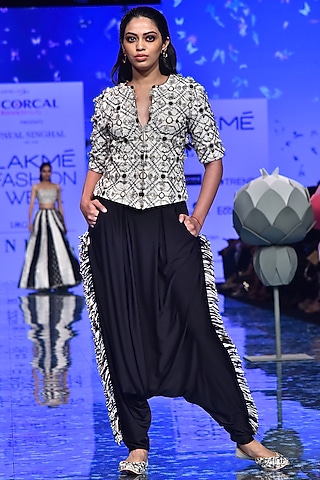 Chalk White Embroidered Jacket With Black Striped Pants by Payal Singhal