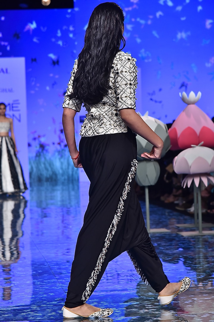 Chalk White Embroidered Jacket With Black Striped Pants by Payal Singhal at Pernia's Pop Up Shop