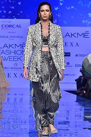 Chalk White Embroidered Jacket With Black Bustier & Pants by Payal Singhal
