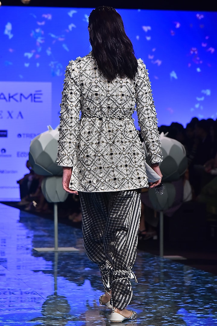Chalk White Embroidered Jacket With Black Bustier & Pants by Payal Singhal at Pernia's Pop Up Shop