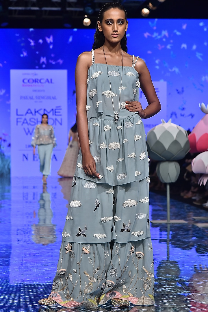 Pale Blue Embroidered Blouse With Layered Bridal Sharara Pants by Payal Singhal at Pernia's Pop Up Shop