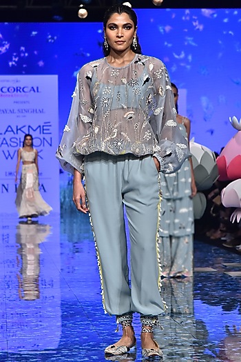 Pale Blue Embroidered Top With Bustier & Pants by Payal Singhal at Pernia's Pop Up Shop