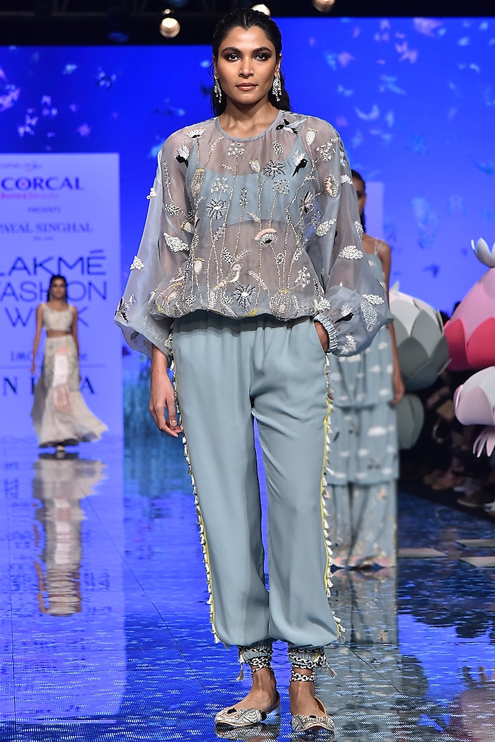 Pale Blue Embroidered Top With Bustier & Pants by Payal Singhal