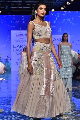 Stone Embroidered Blouse With Striped Lehenga by Payal Singhal