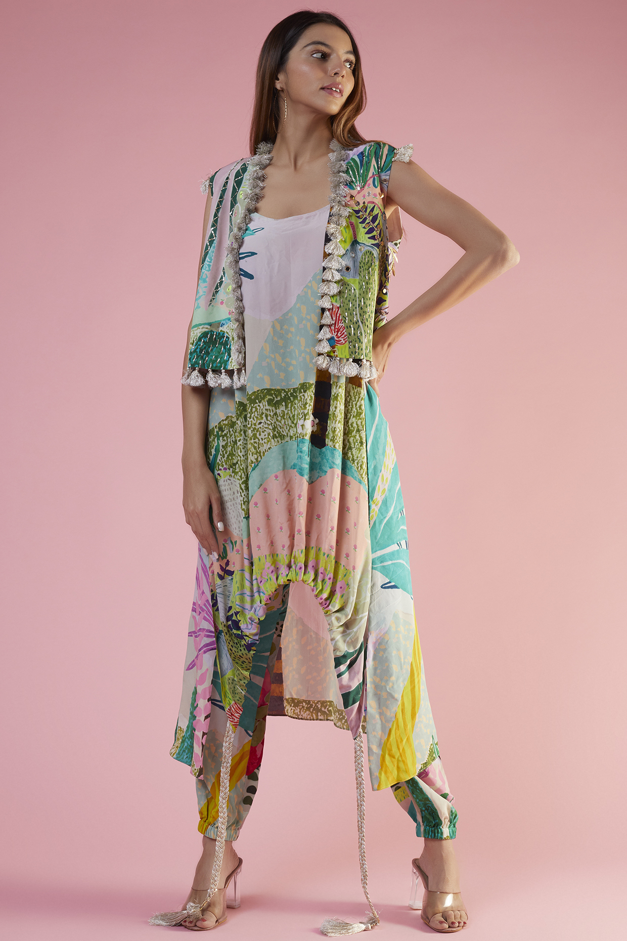 Multi-Colored Crepe Printed & Hand Embroidered Jacket Set by Payal Singhal at Pernia's Pop Up Shop