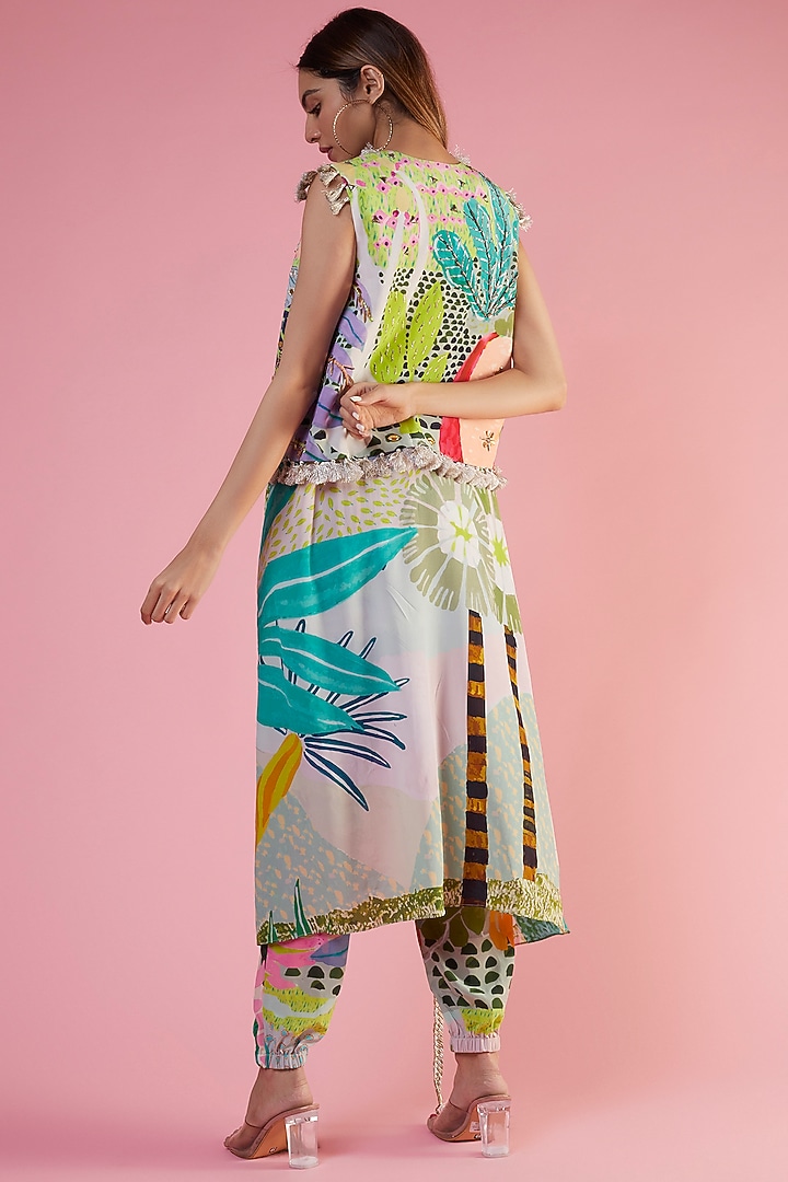 Multi-Colored Crepe Printed & Hand Embroidered Jacket Set by Payal Singhal at Pernia's Pop Up Shop