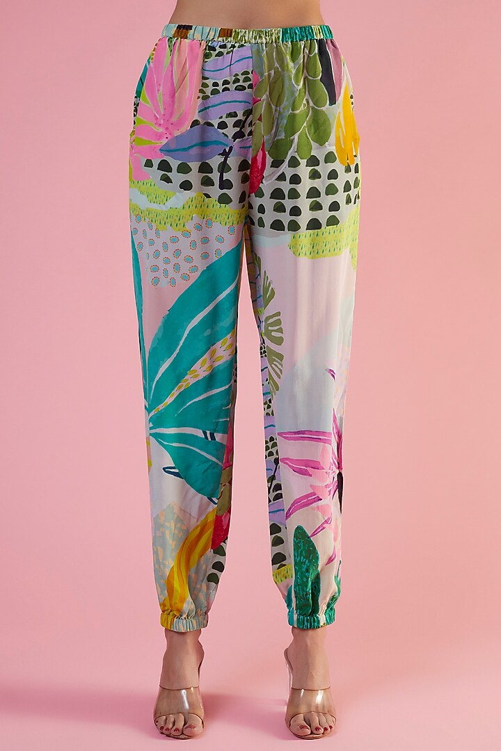 Multi-Colored Crepe Printed & Hand Embroidered Jacket Set by Payal Singhal at Pernia's Pop Up Shop