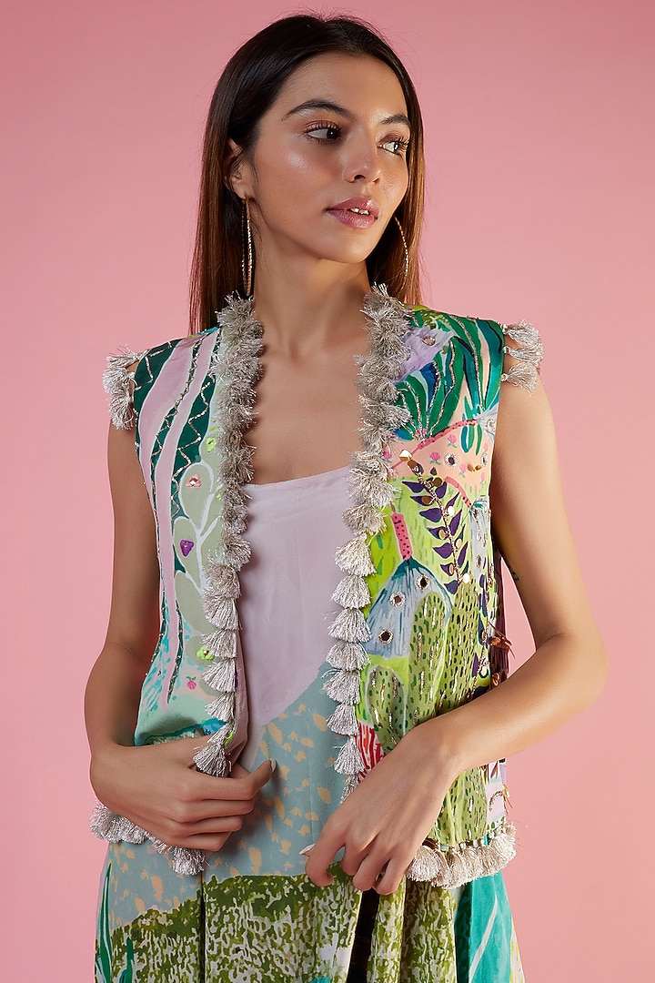 Multi-Colored Crepe Printed & Hand Embroidered Jacket Set by Payal Singhal at Pernia's Pop Up Shop