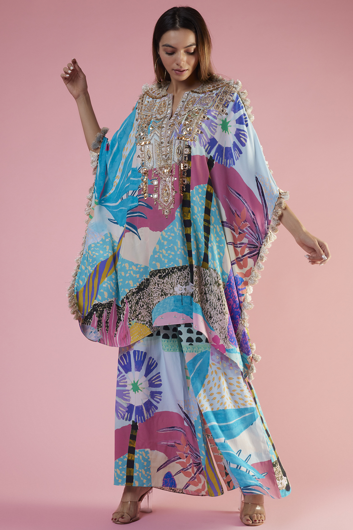 Aqua Crepe Printed & Hand Embroidered Kaftan Set by Payal Singhal at Pernia's Pop Up Shop