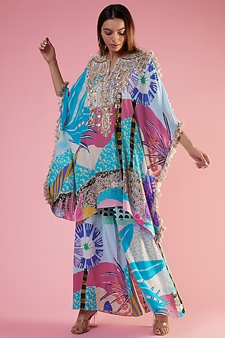 Aqua Crepe Printed & Hand Embroidered Kaftan Set by Payal Singhal
