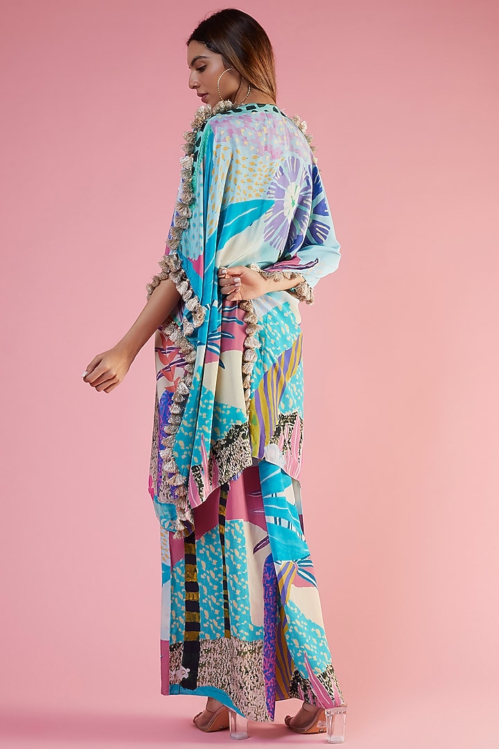 Aqua Crepe Printed & Hand Embroidered Kaftan Set by Payal Singhal at Pernia's Pop Up Shop