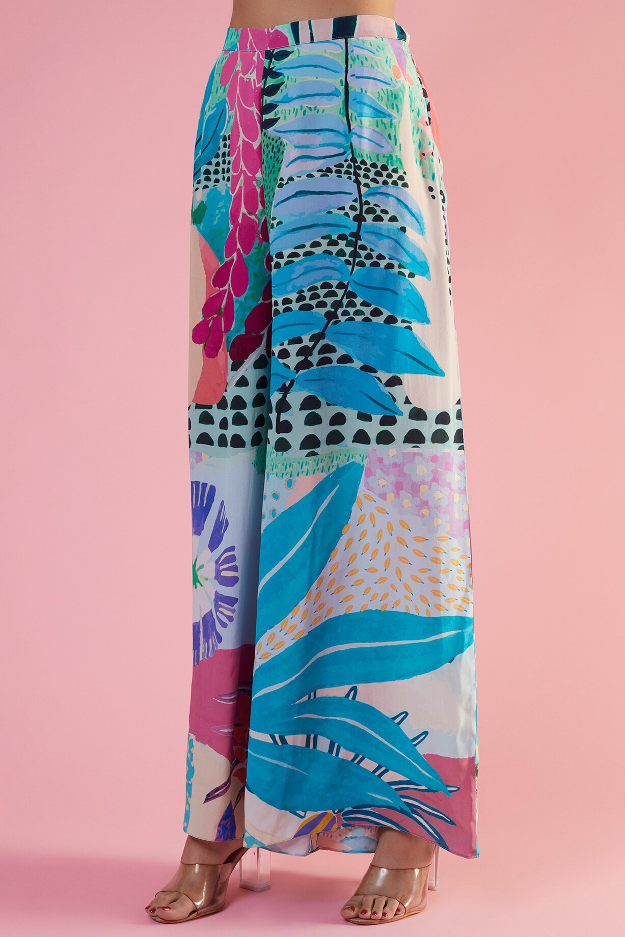 RFSS2007 -Pure Crepe Printed Kaftan In Neon Green With Tulip Pants And Potli