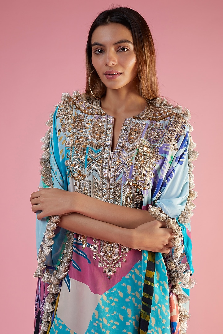 Aqua Crepe Printed & Hand Embroidered Kaftan Set by Payal Singhal at Pernia's Pop Up Shop