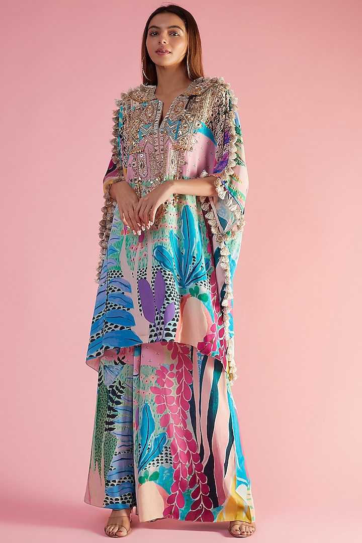 Aqua Crepe Printed & Hand Embroidered Kaftan Set by Payal Singhal at Pernia's Pop Up Shop