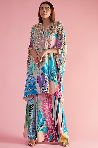 Aqua Crepe Printed & Hand Embroidered Kaftan Set by Payal Singhal