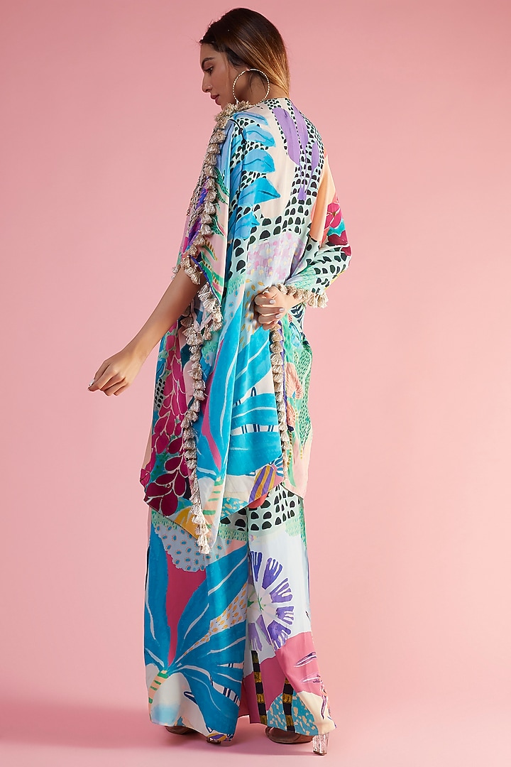 Aqua Crepe Printed & Hand Embroidered Kaftan Set by Payal Singhal at Pernia's Pop Up Shop