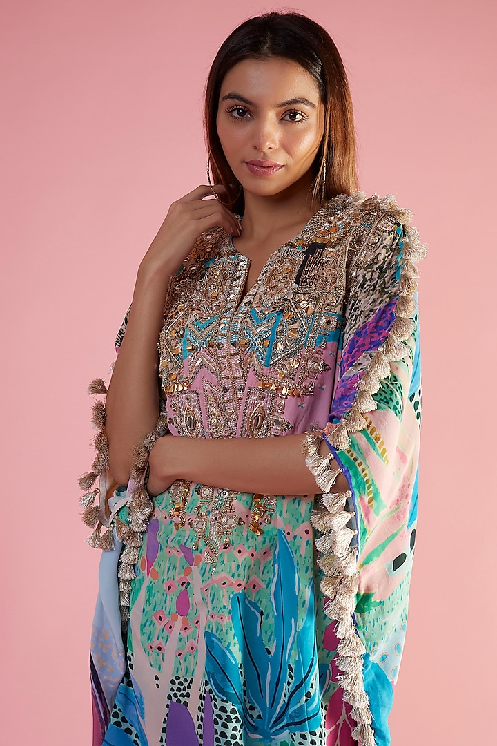 Aqua Crepe Printed & Hand Embroidered Kaftan Set by Payal Singhal at Pernia's Pop Up Shop