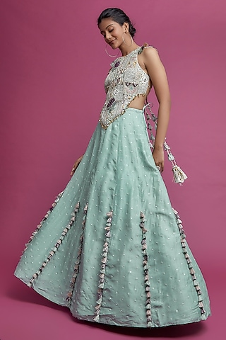 Powder Blue Abla Silk Skirt Set by Payal Singhal