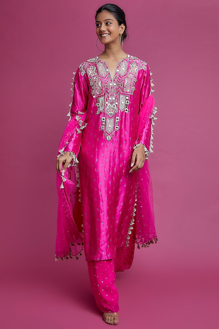 Hot Pink Mukaish Silk Embroidered Kurta Set by Payal Singhal
