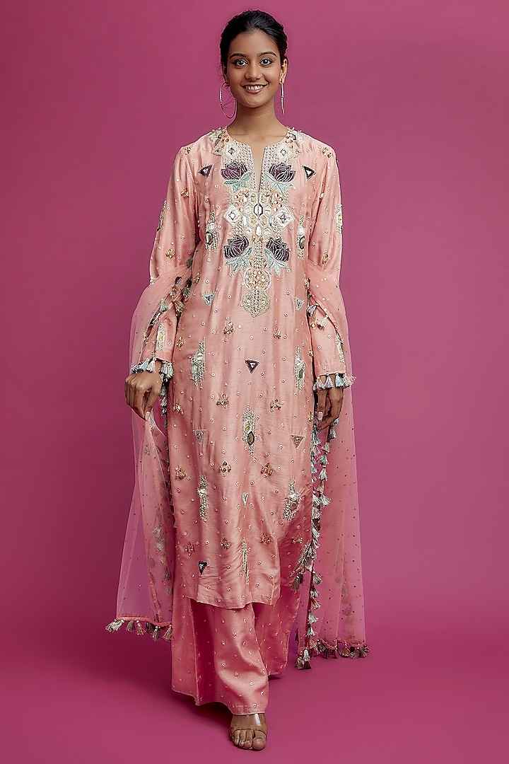 Blush Pink Mukaish Silk Embroidered Kurta Set by Payal Singhal