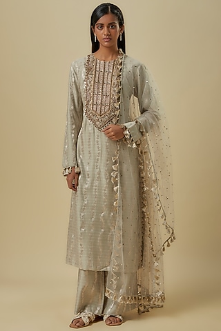 Grey Brocade Silk Hand Embroidered Kurta Set by Payal Singhal