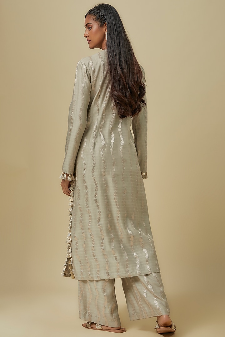 Grey Brocade Silk Hand Embroidered Kurta Set by Payal Singhal at Pernia's Pop Up Shop