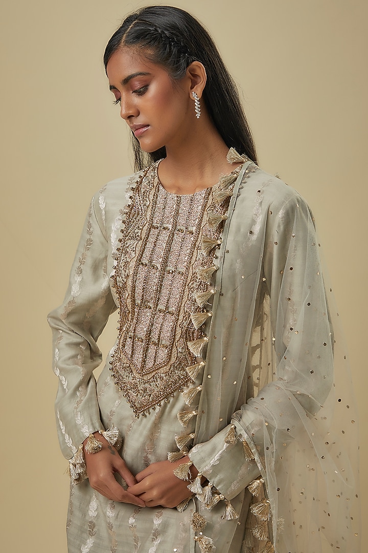 Grey Brocade Silk Hand Embroidered Kurta Set by Payal Singhal at Pernia's Pop Up Shop
