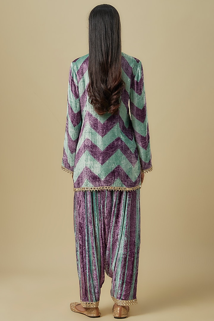 Mint Green & Purple Velvet Chevron Printed & Hand Embroidered Kurta Set by Payal Singhal at Pernia's Pop Up Shop