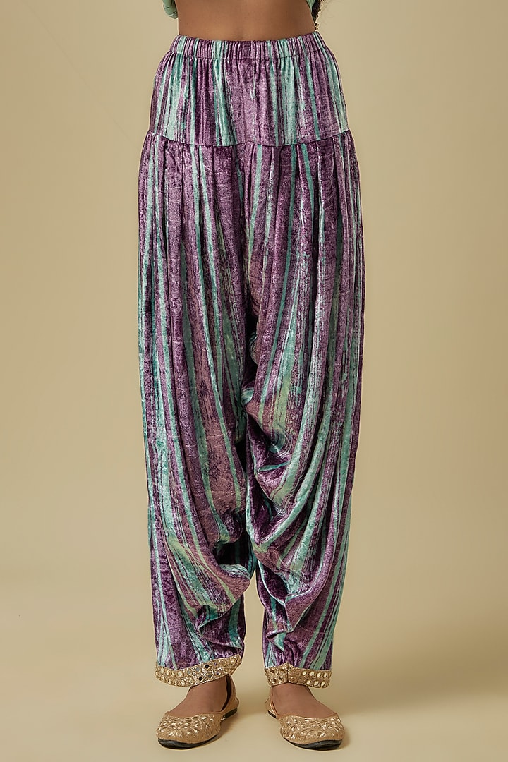 Mint Green & Purple Velvet Chevron Printed & Hand Embroidered Kurta Set by Payal Singhal at Pernia's Pop Up Shop