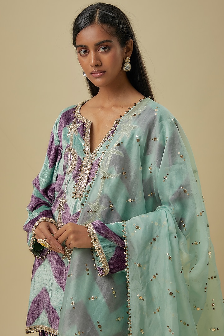 Mint Green & Purple Velvet Chevron Printed & Hand Embroidered Kurta Set by Payal Singhal at Pernia's Pop Up Shop