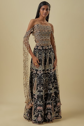 Black Organza Printed Sharara Set by Payal Singhal