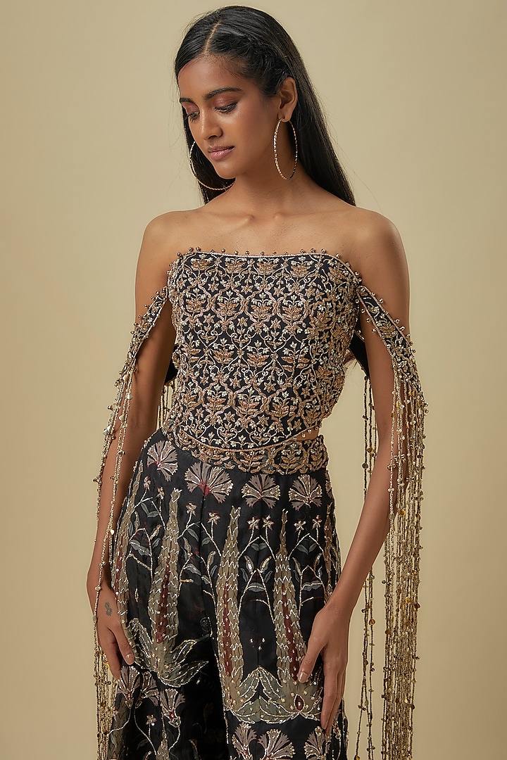 Black Organza Printed Bridal Sharara Set by Payal Singhal at Pernia's Pop Up Shop