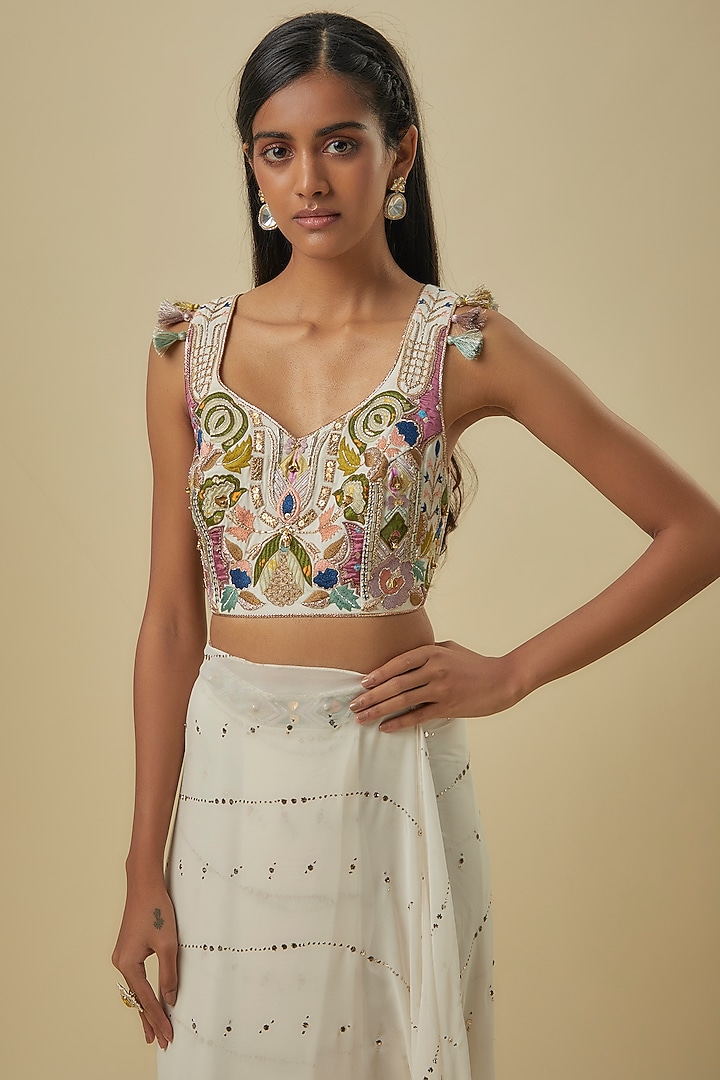 Off-White Mukaish Georgette Wedding Saree Set by Payal Singhal at Pernia's Pop Up Shop