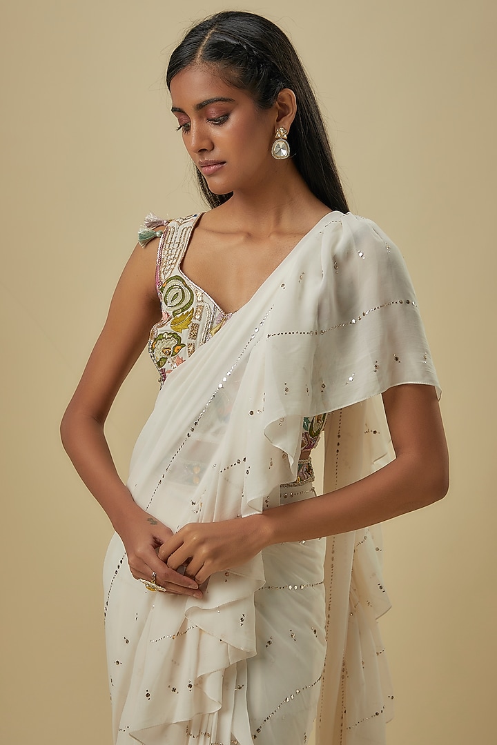 Off-White Mukaish Georgette Wedding Saree Set by Payal Singhal at Pernia's Pop Up Shop