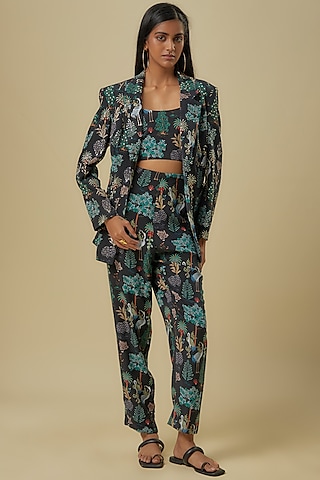 Black Art Crepe Digital Printed Jacket Set by Payal Singhal