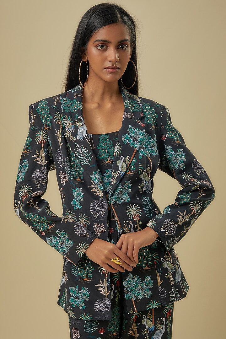 Black Art Crepe Digital Printed Jacket Set by Payal Singhal at Pernia's Pop Up Shop