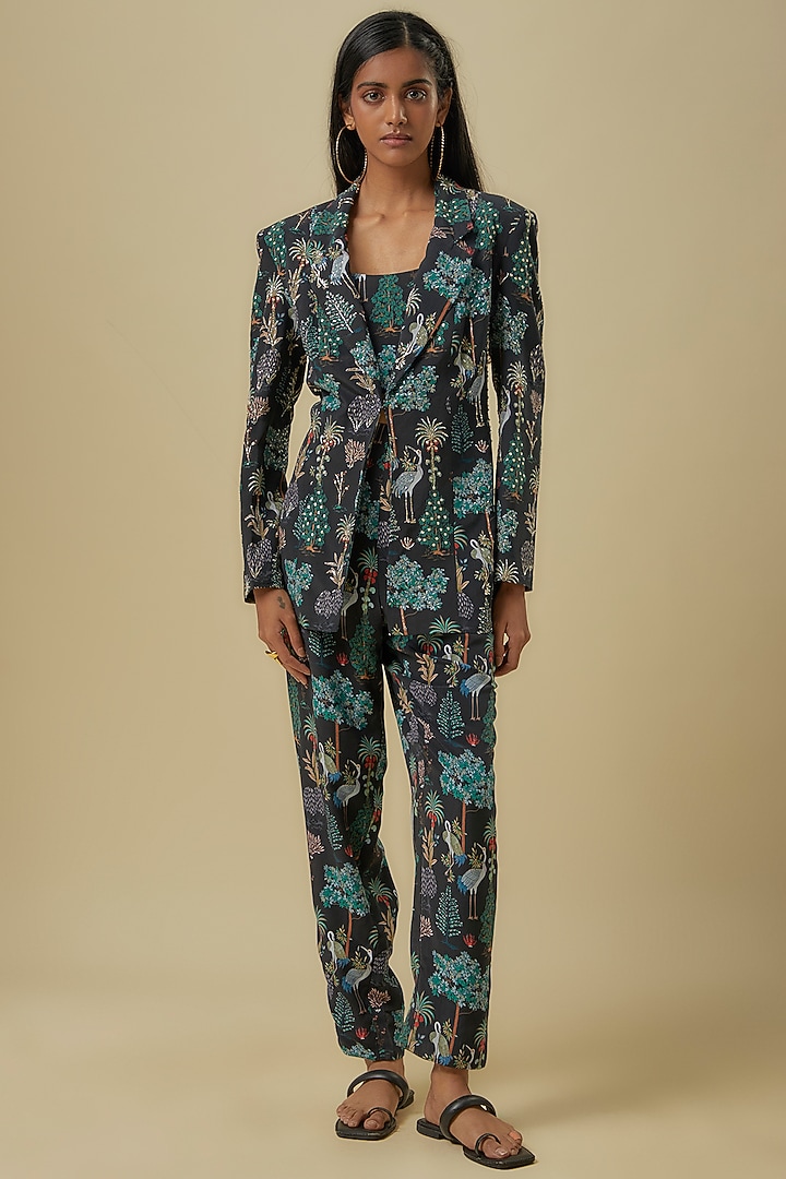 Black Art Crepe Digital Printed Jacket Set by Payal Singhal at Pernia's Pop Up Shop