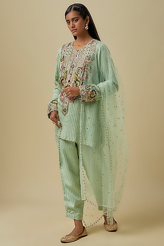 Mint Chanderi Hand Embroidered Kurta Set by Payal Singhal