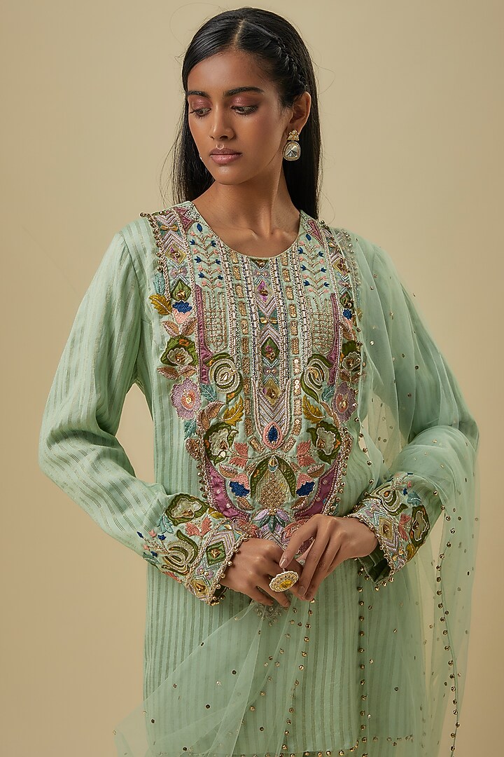 Mint Chanderi Hand Embroidered Kurta Set by Payal Singhal at Pernia's Pop Up Shop